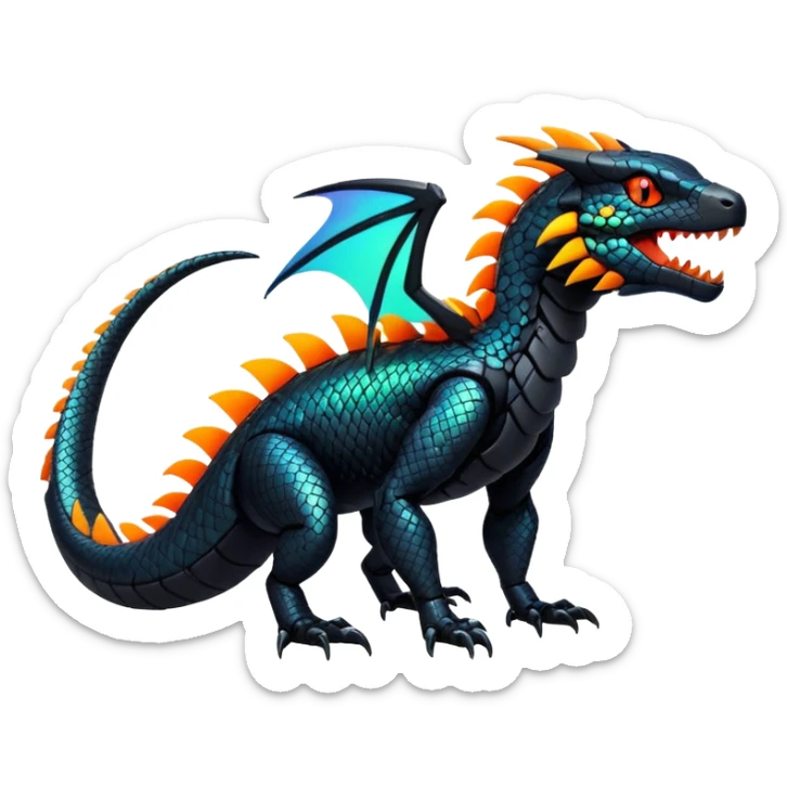 Modern Futuristic Scaly Iridescent Neon-glowing  Cyber-Salandit-Litten-Hybrid (Full body) sticker