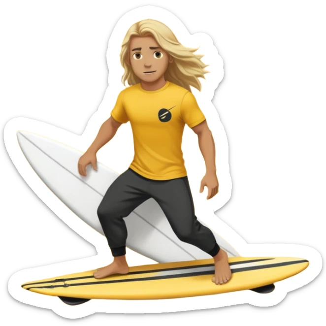 Man Surfer surfing with long blond hair, yellow t-shirt with black Nike logo in center of chest, black baggy sweatpants. On a yellow and white board sticker