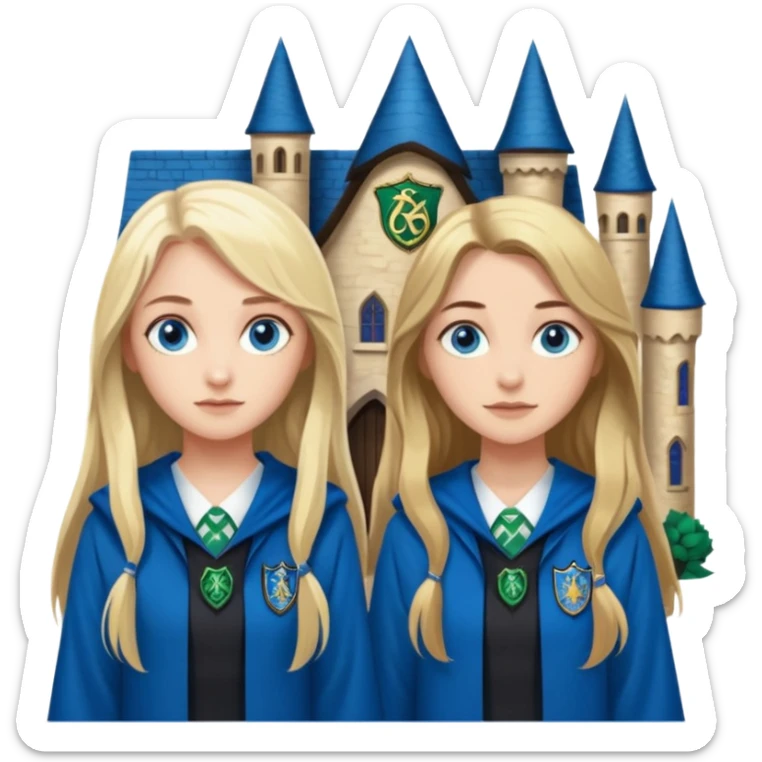 a pretty ravenclaw girl with long brown hair and blue eyes standing with a hot Slytherin girl with long blonde hair, blue eyes sticker