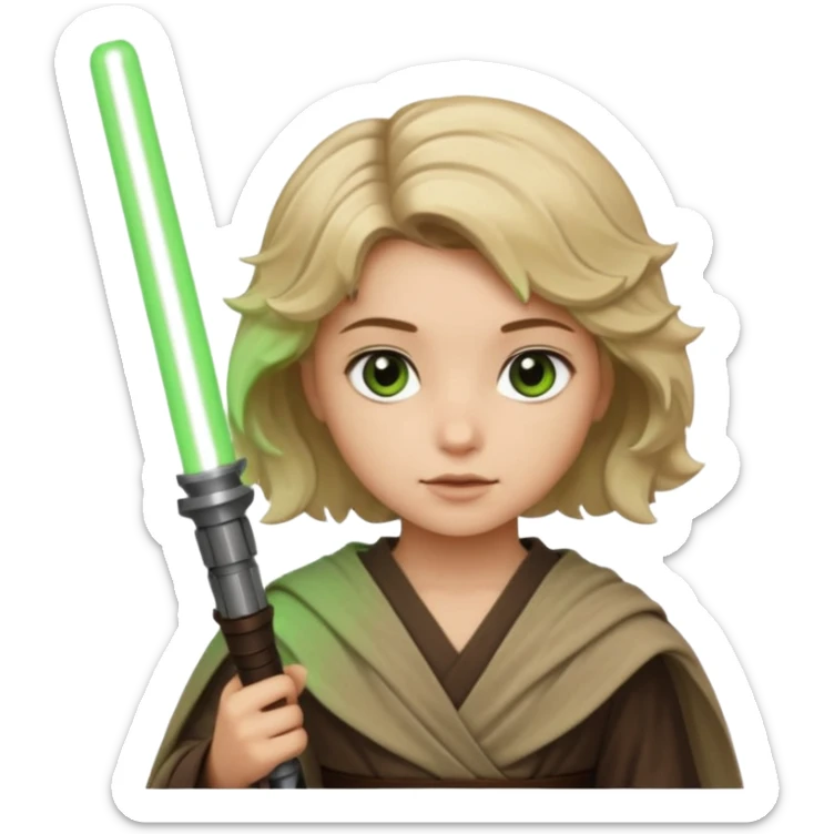Young jedi with dark brown eyes and sandy blonde wavy short hair holding a green light saber.  sticker