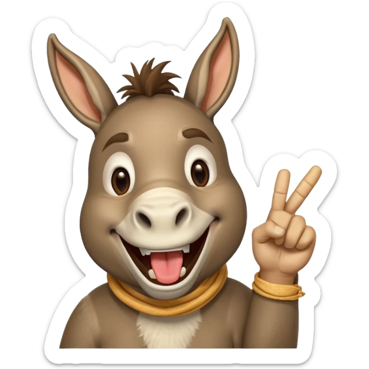 A donkey with a piece of straw in their mouth laughing hysterically while pointing up the middle finger sticker