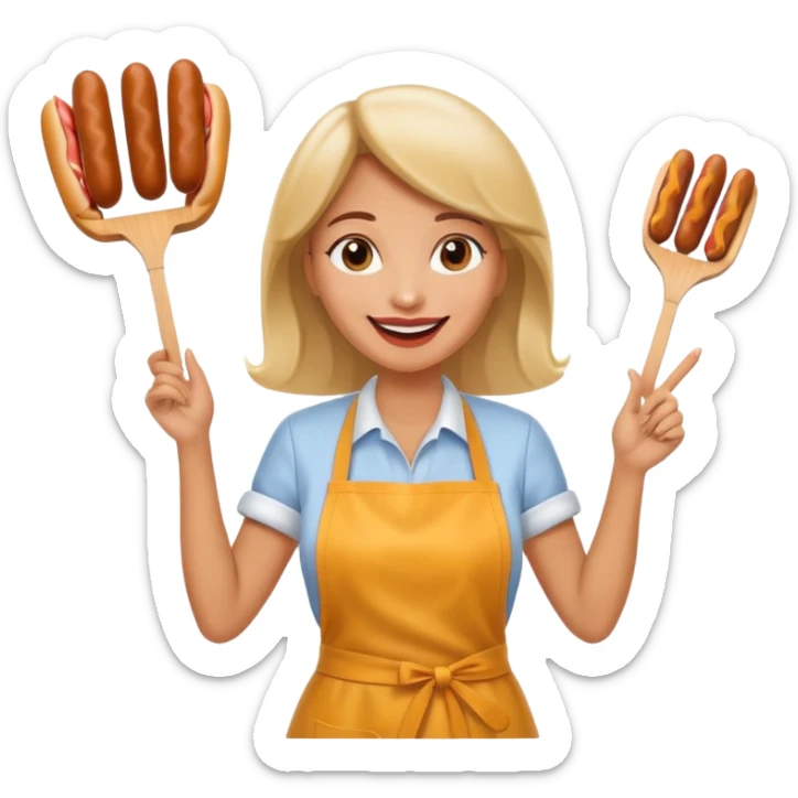 A cheerful woman selling hotdogs, waving a tongs in one hand. sticker