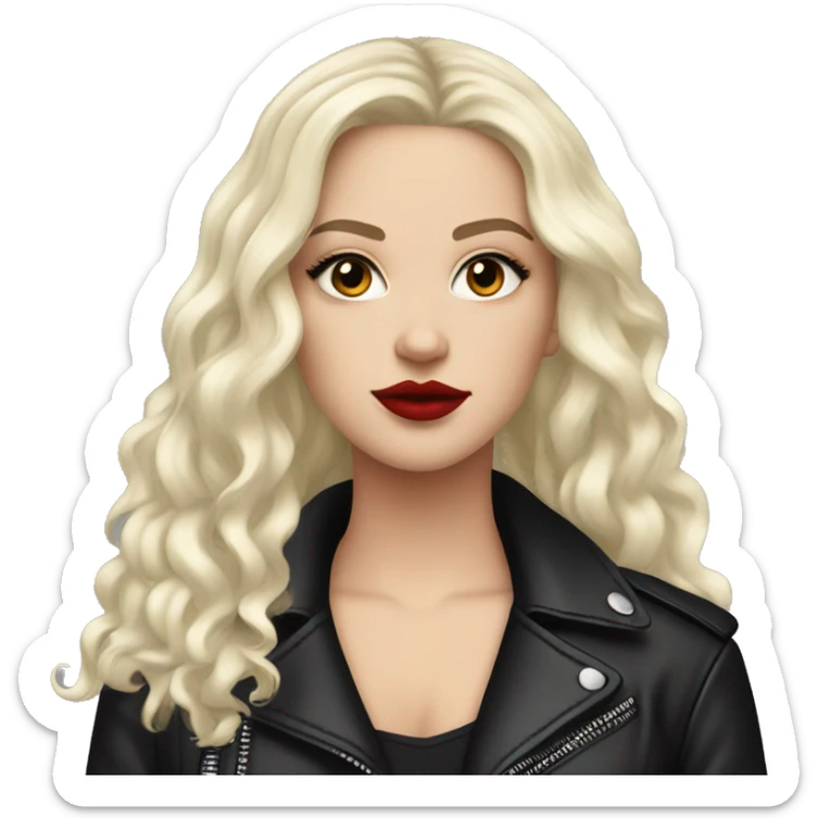 White girl, with long curly black hair, with red lipstick, black winged eyeliner, wearing black shirt and black leather jacket sticker