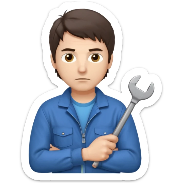 Calm and independent male technician, fair skin, short tousled dark brown hair, cool gray eyes, serious but composed expression, wearing a blue work jacket over a grey t-shirt, holding a wrench in one hand and a mechanical gear in the other, waist-up, front-facing sticker