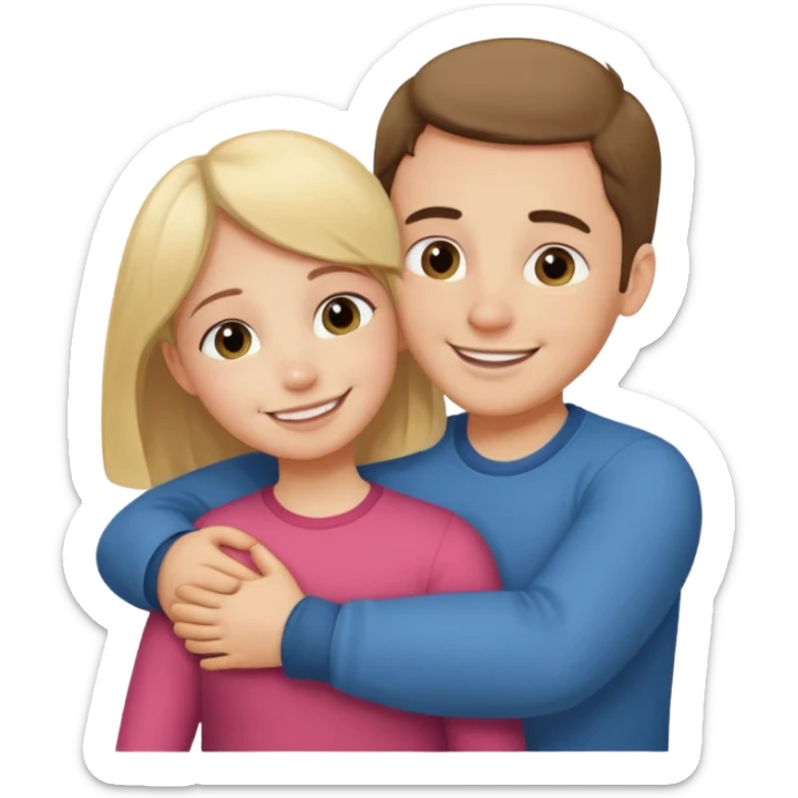 Un homme fait un câlin à sa sœur. Au dessus d’eux il y a le texte ´Gros câlin’ sticker