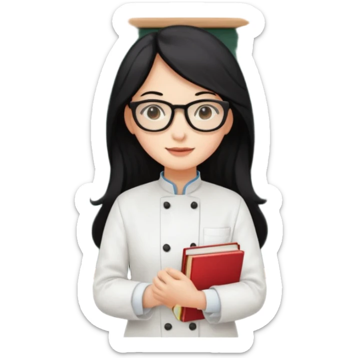Profesora de pastelería, piel blanca con gafas y pelo negro largo y con una pizarra detrás y libros sticker