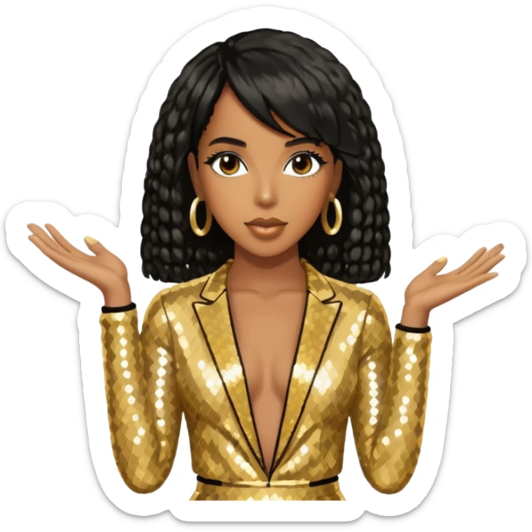 Kelly Rowland from Destiny's Child with black hair, gold outfit sticker