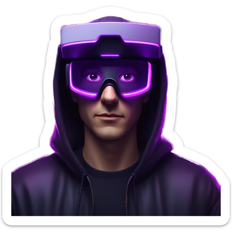 Russian man wearing a black hoodie with "OMG" letters on it and VR headset in a cyberpunk VR environment with violet neon lighting. sticker