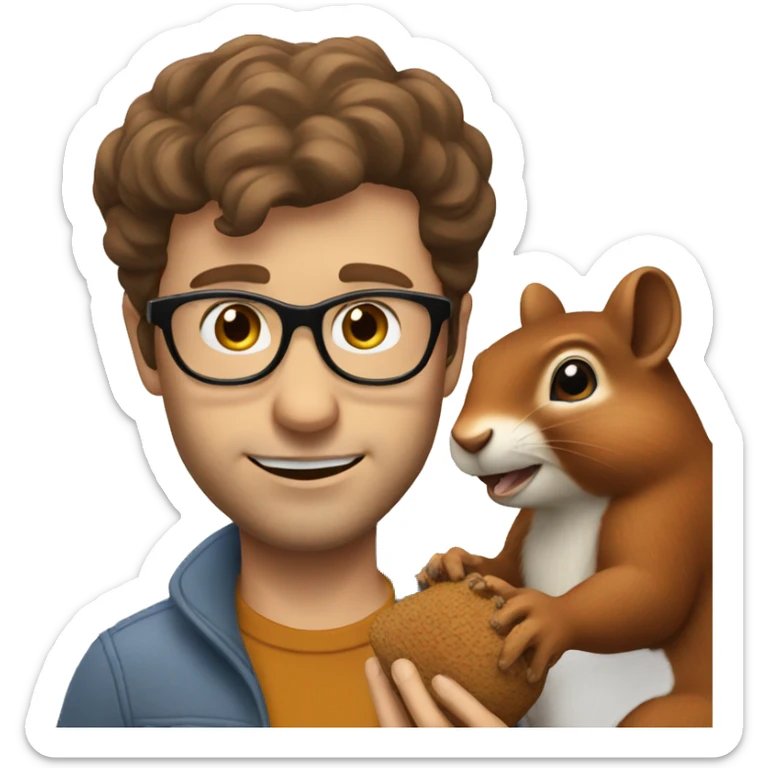 A man with brown hair, glasses and fair skin, feeds a squirrel sticker