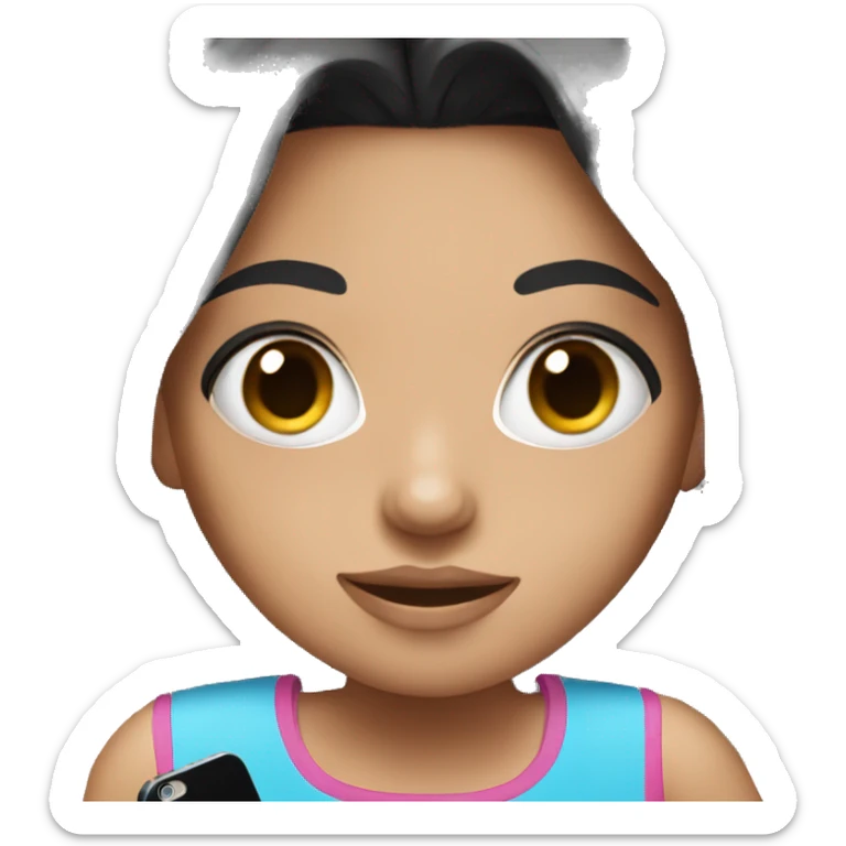 girl wearing a pink top holding a phone, with blue eyes and black hair sticker