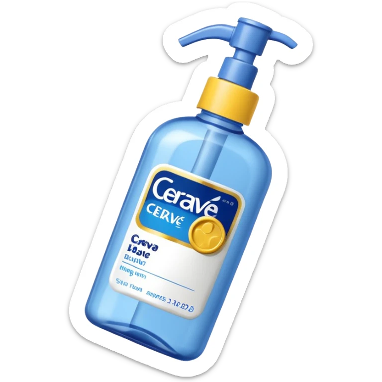 White CeraVe bottle with blue label and yellow “AM” badge, topped with a pump. Surrounded by protecting radiant sun sparkles, soft UV-deflecting light rings, and a blue protective glow. Feels like a daytime skin shield potion in a sleek, glossy bottle. sticker