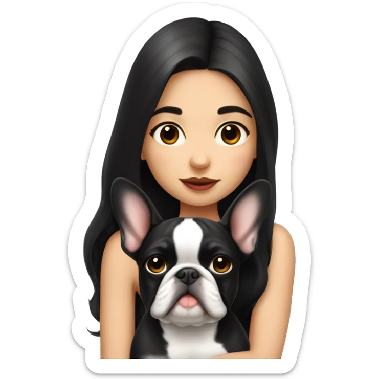 Girl with dark long hair kissing French bulldog  sticker