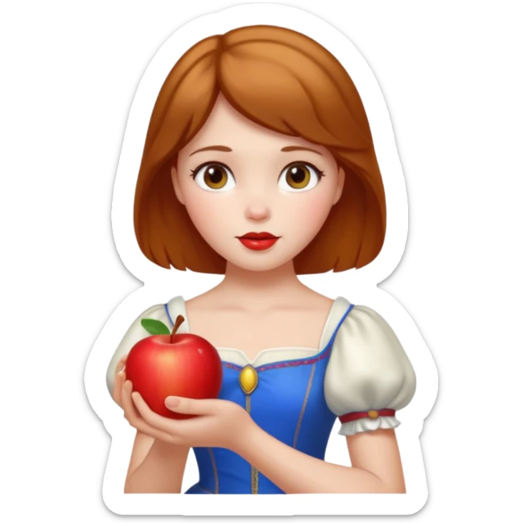 Create an emoji of Snow White holding a red apple, with short golden-brown hair. sticker