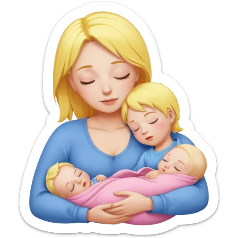 Mother is holding a baby, the mother has yellow hair and pink clothes, the baby is sleeping in blue clothes sticker