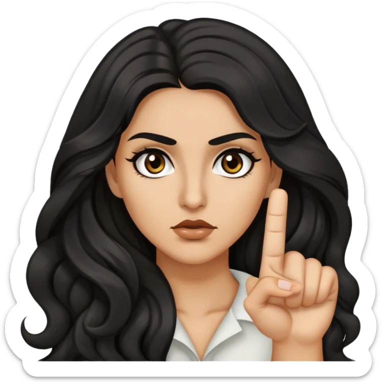 woman with olive skin, brown eyes and long lashes, and long black wavy hair giving the finger  sticker