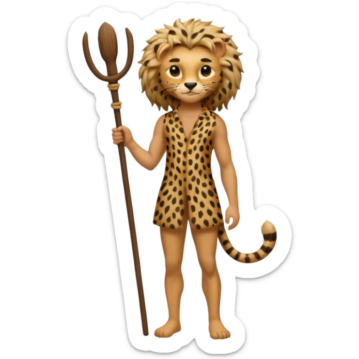 Give me a human who has hunch back and wearing cheetah print lot of hair on his body show full body and has a stick in his hand sticker