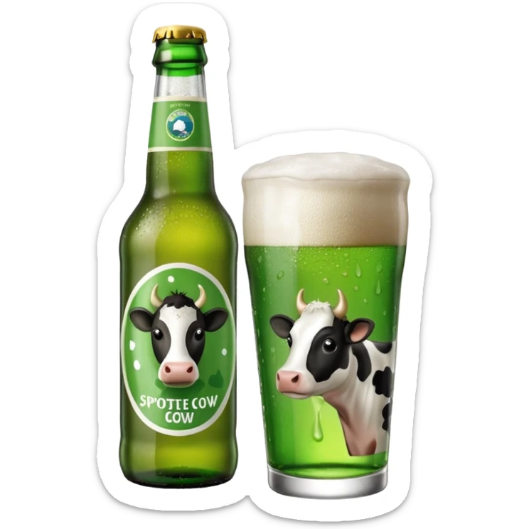 Spotted Cow beer bottle with green and white label and small cow icon sticker