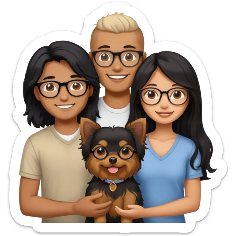 “An Asian girl with long, wavy black hair (loose, no hair tie) next to her smiling boyfriend—a brown-skinned man with a MIDDLE PART HAIr and glasses. Together, they’re holding a small Yorkshire Terrier sticker