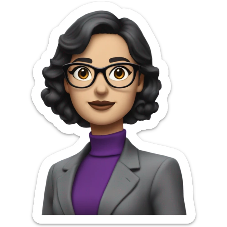 Full torso of Tv show young Diana Prince wearing grey suit with silk purple turtleneck and black eyeglasses  sticker