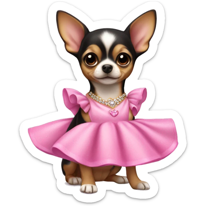 black & tan chihuahua puppy wearing a pink princess dress sticker