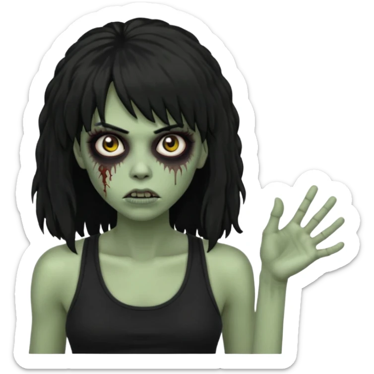 a female zombie with sage green skin, black long afro afro hair with bangs, and a black tank top  sticker