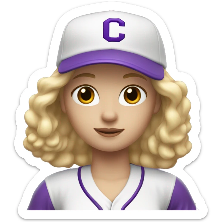 baseball card character. Blonde female long shoulder length hair. letter C logo. white and purple uniform. sticker