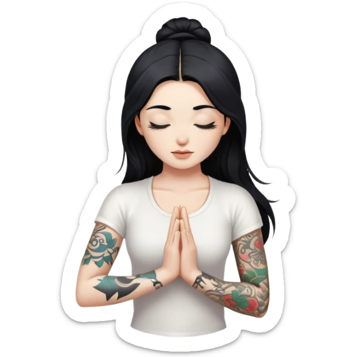 Yoga girl on a mat with white skin, long black hair and eyes closed, with just left arm tattooed and right arm NOT ttatooed, wearing white clothes sticker