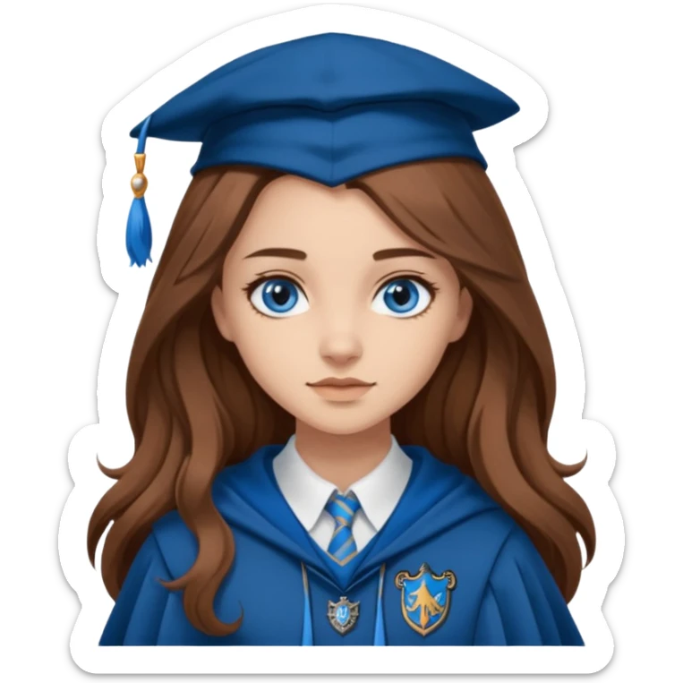 gorgeous Girl with light skin, blue eyes, long brown hair, wears a ravenclaw outfit sticker