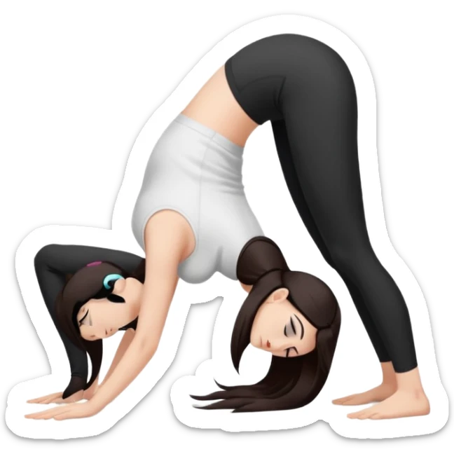 Девушка белокожая в позе собака мордой вниз, с длинными темными волосами, в белом топе, в черных лосинах, с черными ресницами sticker