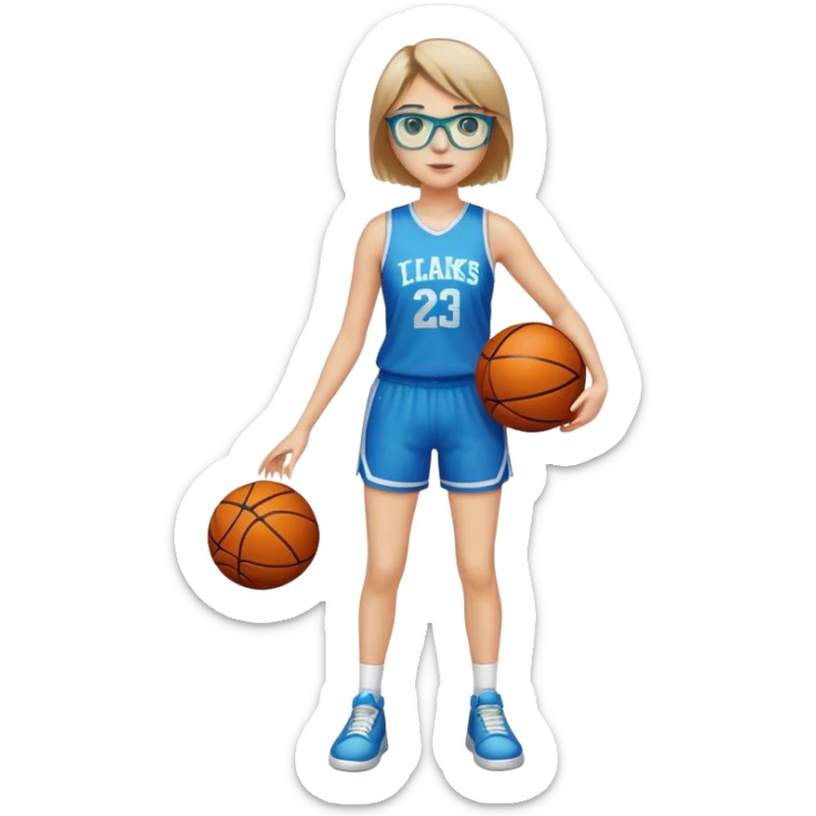 Full Body white Girl with basketball real short brown hair with blond highlights wearing blue glasses with green eyes sticker