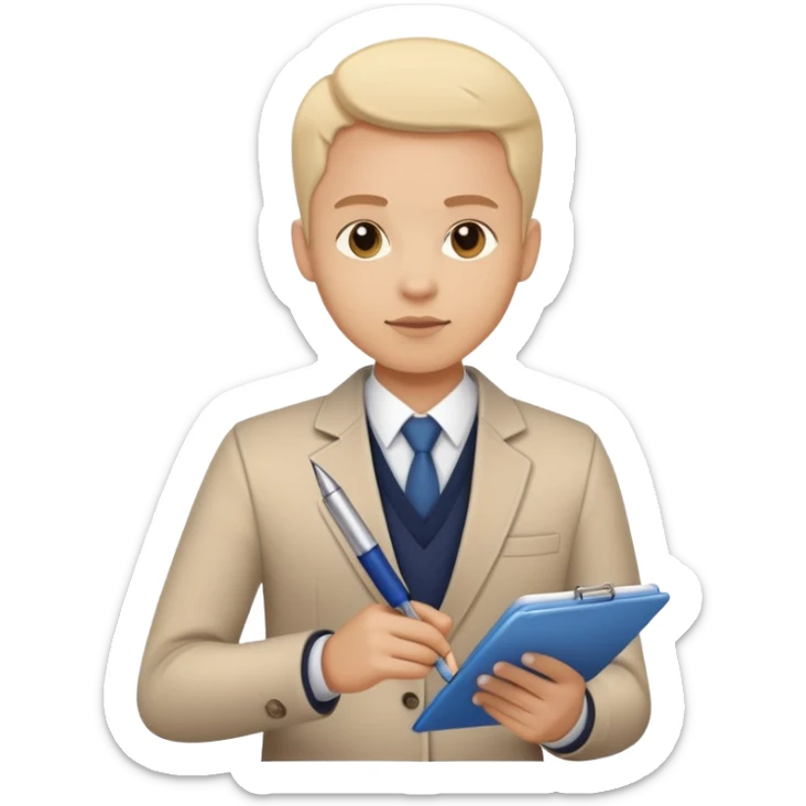 A person holding a checklist and pen is wearing smart casual clothing. The character is in a focused pose sticker