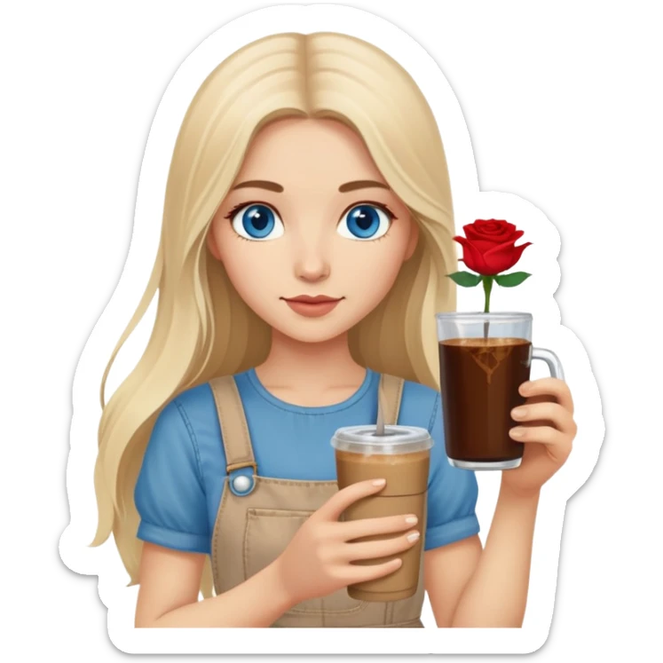 Turkish beautiful finish Konya girl long blonde hair and blue eyes with beige denim dress and had on her hand Rose Cold brew coffee   sticker