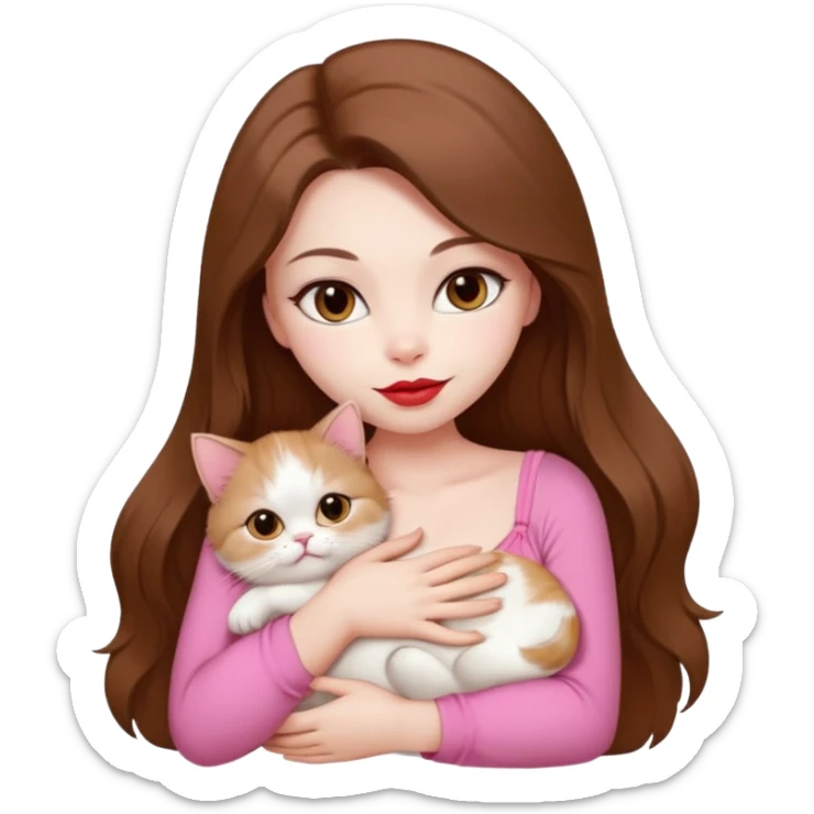 Beautiful Girl Long Hair coffe, Brows Big , Skin White, bra Pale Pink , Big Red Lips, EyesCoffe , Big hug Little baby Persa Cream Cat With Cute Eyes sticker