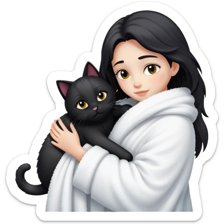 A fair-skinned girl, who has just taken a shower, is wrapped in a blanket and hugging a black cat sticker