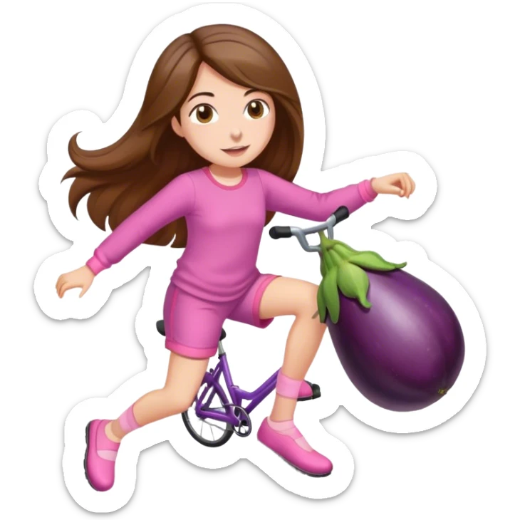 girl with long brown hair riding an eggplant in shorts pink pijamas sticker
