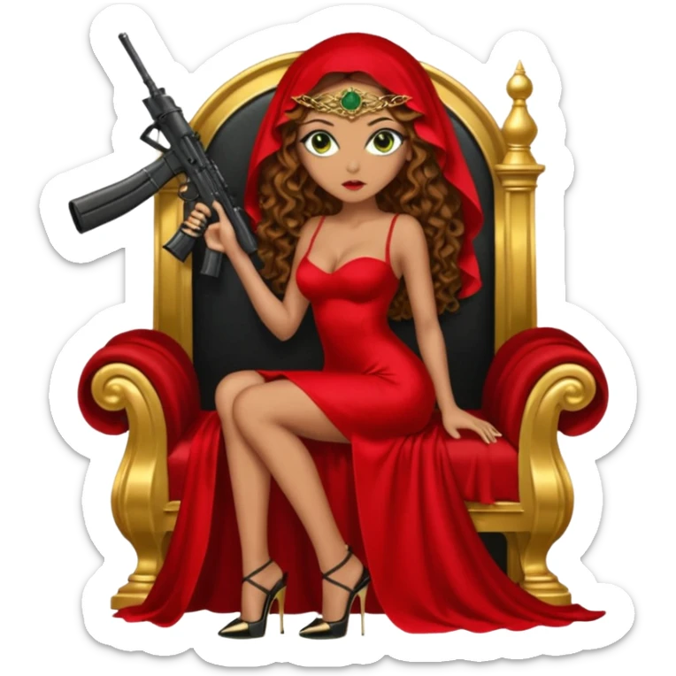 Drug dealer female green eyes symbol.  hair is brown curly long hair. sexy long with long red and black dress and face veil on that covers her mouth only. black stiletto platform high heels shoes on. Holding sniper rifle sitting on a gold throne. sticker