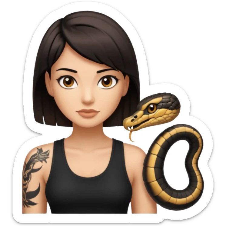 Femme brune yeux marron avec une coupe carré noir qui descend sur l'épaule , femme couleur de peau un peu bronzé mais pas metisse, avec un cobra a côté , débardeur noi , avec un tatouage sur le bras droit sticker