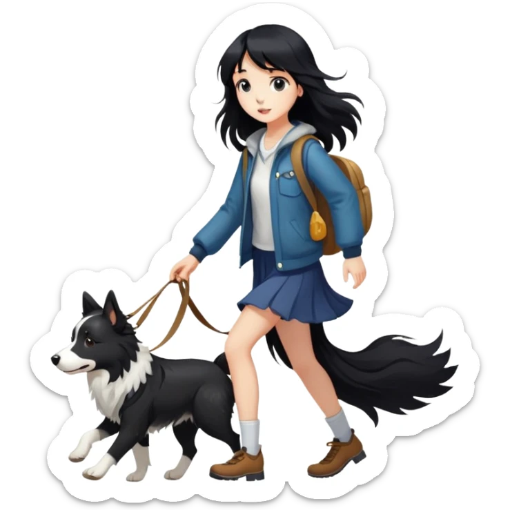 A girl with long black hair and bangs walking with a meteorite Border Collie sticker