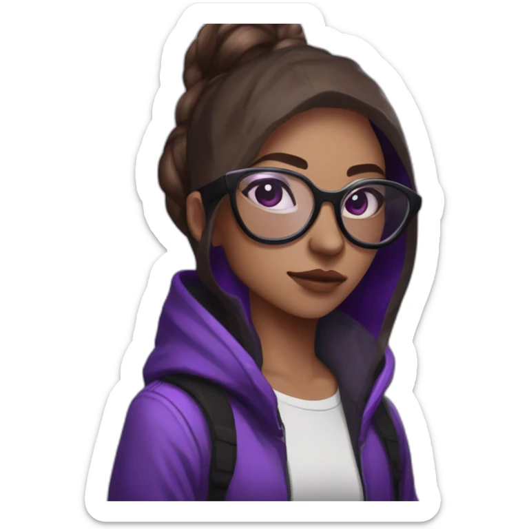Girl broun artist with round glasses left side behind his laptop with this style: valorant riot Game purple character purple black hooded hacker themed character sticker