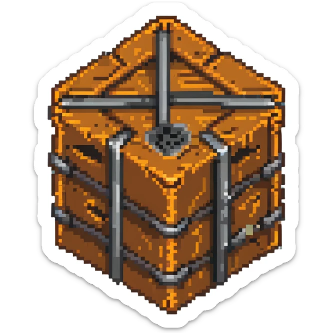 wooden crate with metal reinforcements, orange-brown wood with visible grain texture and dark gray metal bands, 32x32 pixel art game tile that looks breakable sticker