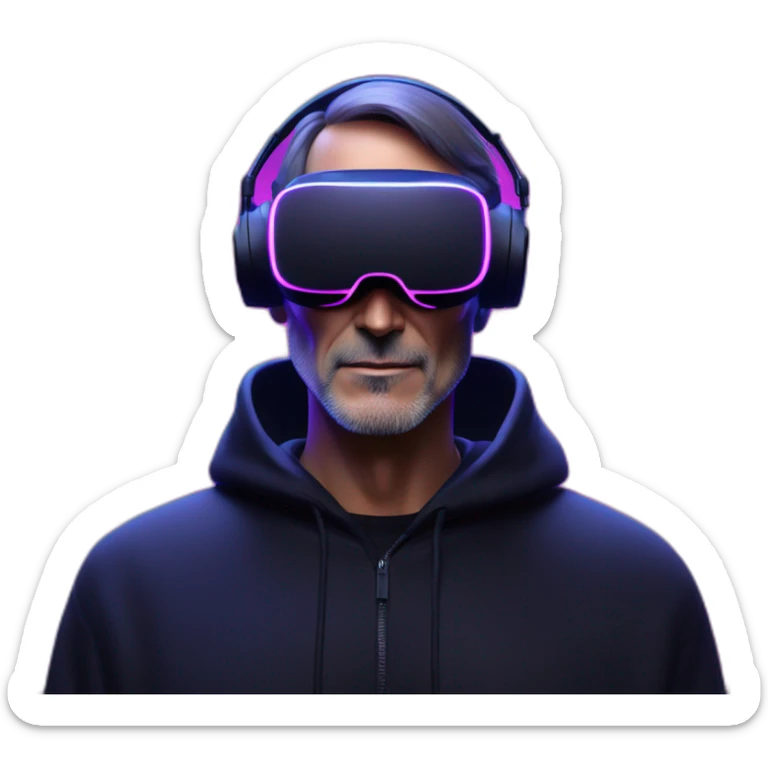 Steve Jobs wearing a black hoodie with "OMG" letters on it and VR headset in a cyberpunk VR environment with violet neon lighting. sticker