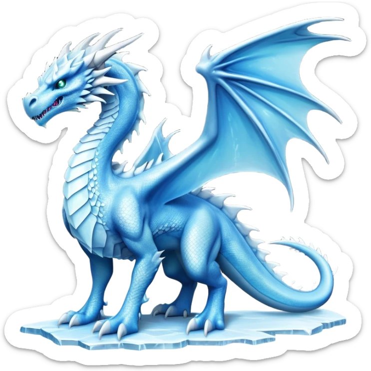 Cinematic Noble Fierce Ice Dragon full body Emoji, Poised and imposing, distinct long elegant snout, with a slender, scaled body shimmering in glacial hues of icy blue, frostbitten silver, and crystalline white, breathing out frost, with piercing, glowing eyes that radiate the chilling depths of an arctic storm; rendered in detail. displaying its wings sticker
