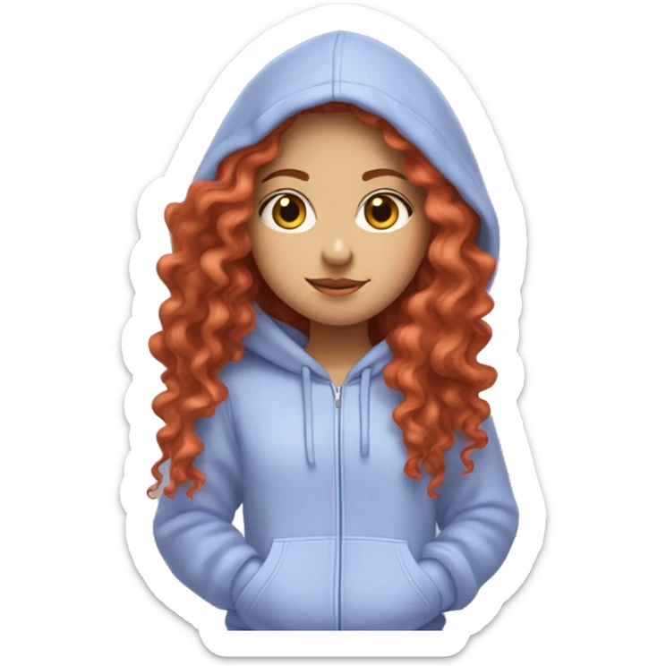 white girl with long red curly hair, wearing a pastel periwinkle hoodie doing a pose sticker