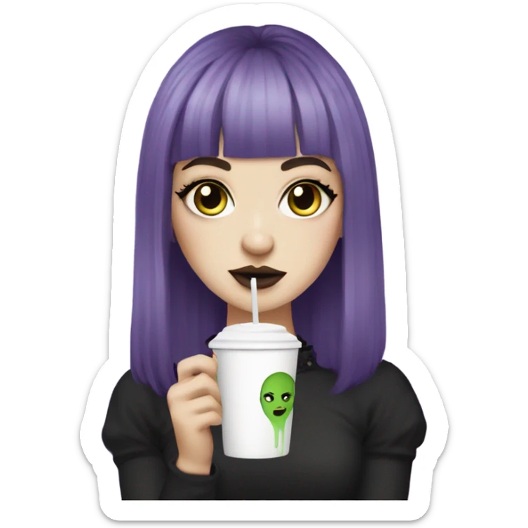 goth white girl with eyeliner, mid length, purple hair, bangs holding a cup of iced matcha   sticker