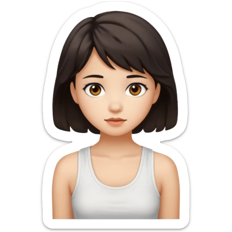 A pretty girl with dark brown eyes and short wavy dark hair with short side bangs and a neutral expression, with chinita skin and a white tank top(not sleeveless)emoji sticker