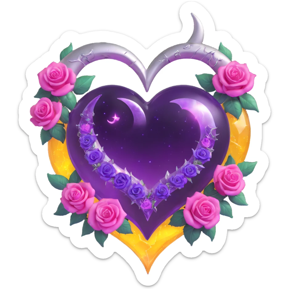 gothic heart made of amethyst glass, silver crescent moon, glowing violet roses, holographic stardust, neon pink lightning, wet and cracked glass sticker
