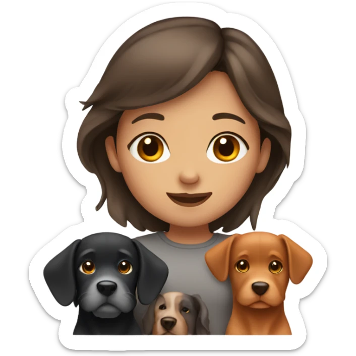 girl with brown hair and three dogs, a black, a grey and orange sticker