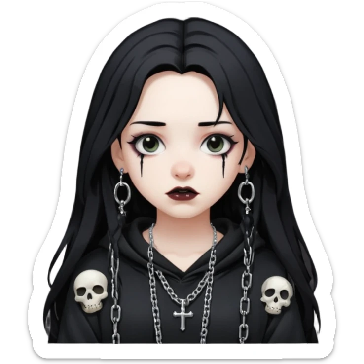 Female Goth with Beanie
 Messy long hair, white skin, oversized black hoodie, chain accessories. sticker