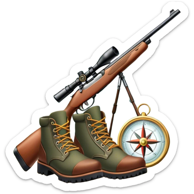 Icon for Hunting Tourism: a double-barrelled hunting rifle, hunting boots and a compass on a forest background, with a silhouette of wildlife in the distance. The icon should capture the adventure and connection with nature in hunting tourism. Transparent background. sticker