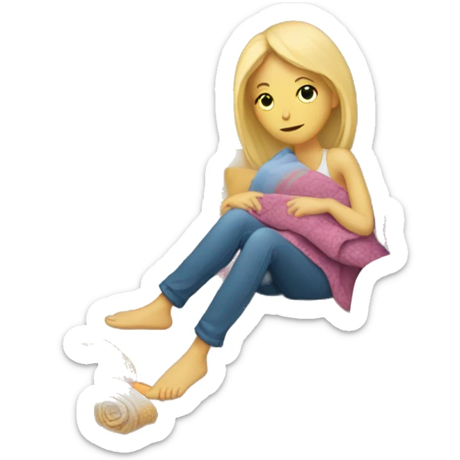 a blonde girl laying on the couch with a bunch of blankets  sticker